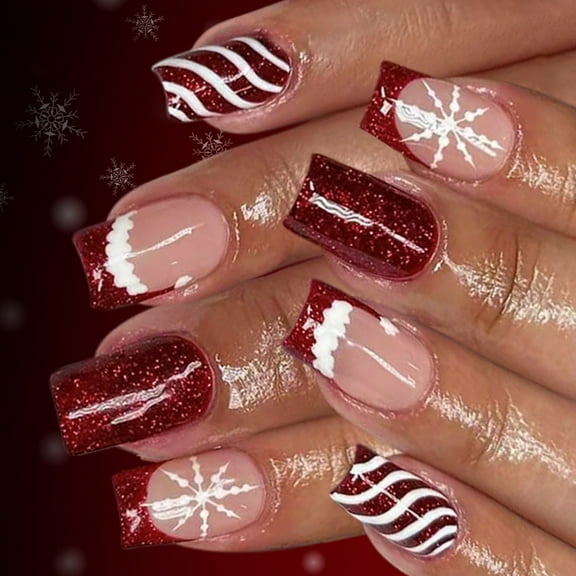 24Pcs Christmas Stripeds Press On Nails With Glitters Snowflakes Short Fake Nails For Holiday Parties Easy Application Not Tools Needed