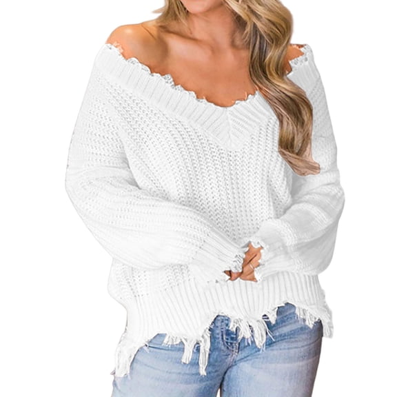 Women V Neck Knitted Sweater Casual Loose Long Sleeve Pullover Jumper Tops
