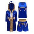 thumbnail image 4 of Kids 3Pcs Boxing Kickboxing Outfits Boys Boxer Training Uniform Hooded Robe with Sports Vest Shorts Set Blue 16, 4 of 9