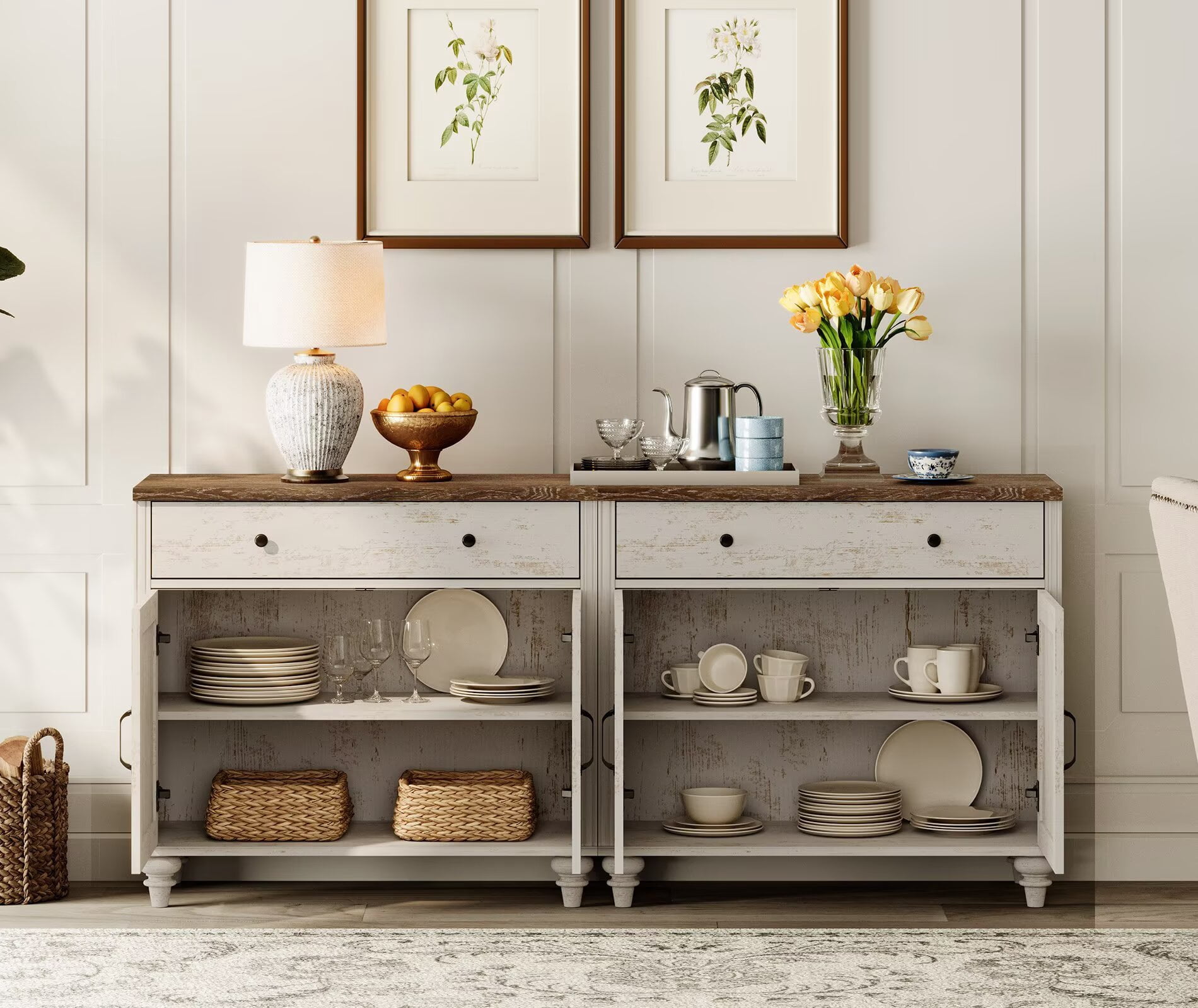 Rustic white Buffet Cabinet with with Storage Cabinets, Modern Farmhouse Kitchen Storage Cabinets 4 Doors and 2 Drawers, 68 inch