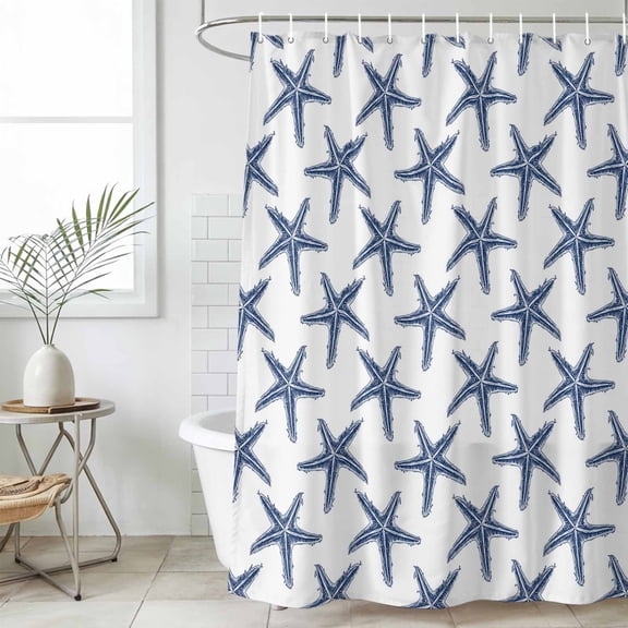 Navy Blue Beach Starfish Shower Curtain, Waterproof Shower Curtains for Bathroom, Summer Ocean Nautical Coastal Washable Fabric Cloth Bathroom Curtain Set Bathtub Decor with Hook 66''x72''