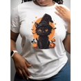 thumbnail image 2 of Camiseta con estampado de gato negro y calabaza de Halloween, informal, de manga corta y cuello redondo, de punto, para mujer, para todas las estaciones, para uso informal., 2 of 6
