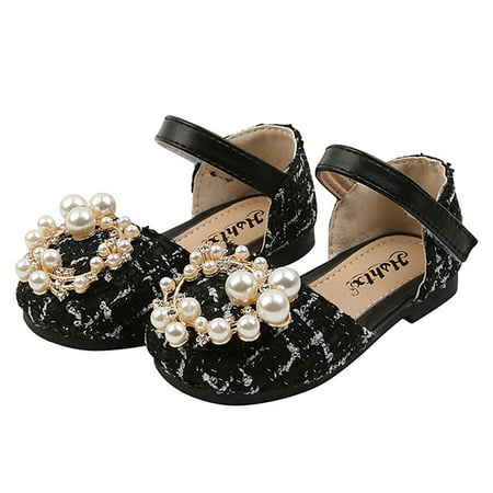 

EHTMSAK Toddler Baby Girl Non-Slip Pearl Crystal First Walkers Shoes Ballet Kids Spring Summer Fall Tweed Plaid Dress Sandals Black 1Y-6Y 27