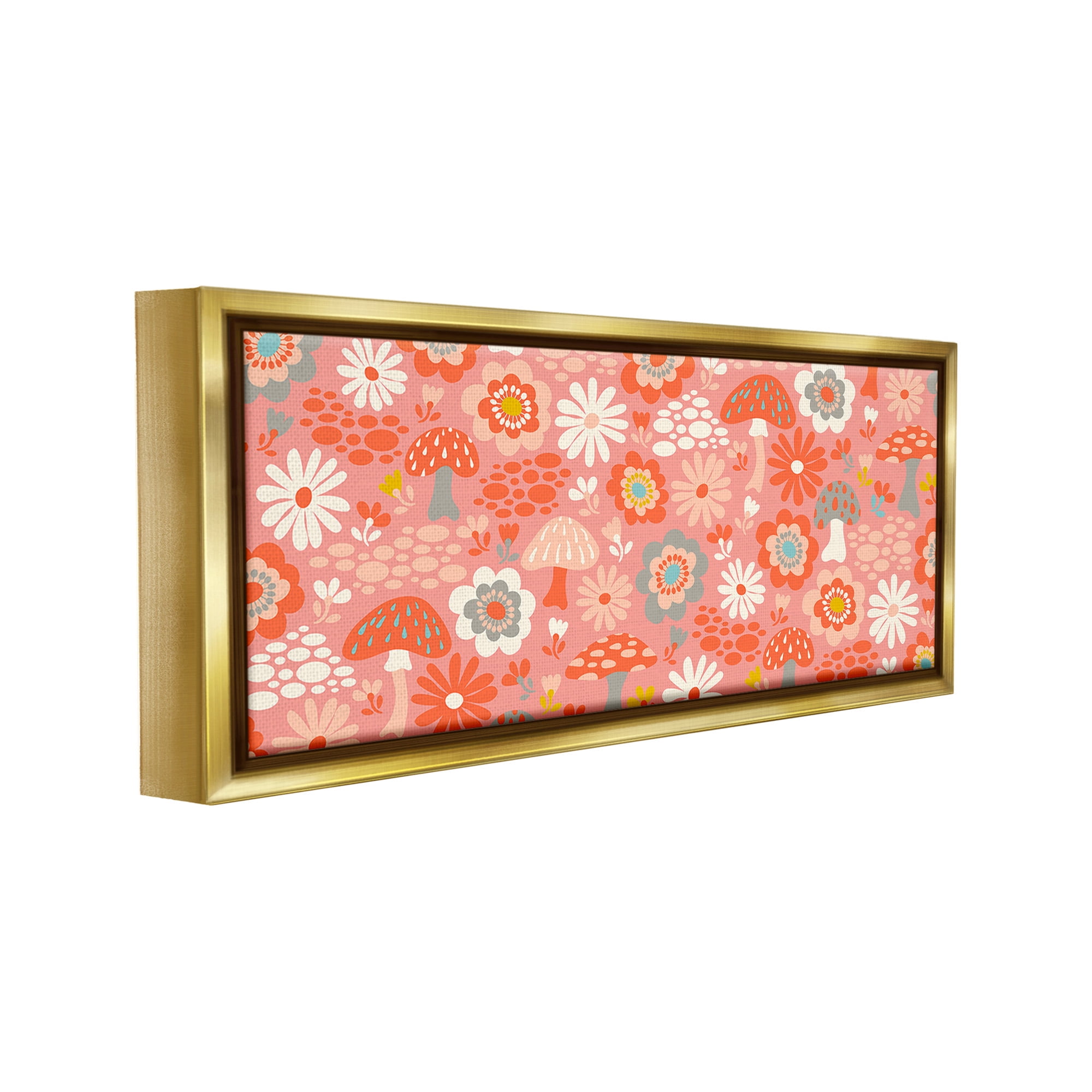Stupell Industries Groovy Mushrooms & Florals Botanical & Floral Painting Gold Floater Framed Canvas Art Print Wall Art, 25 x 11