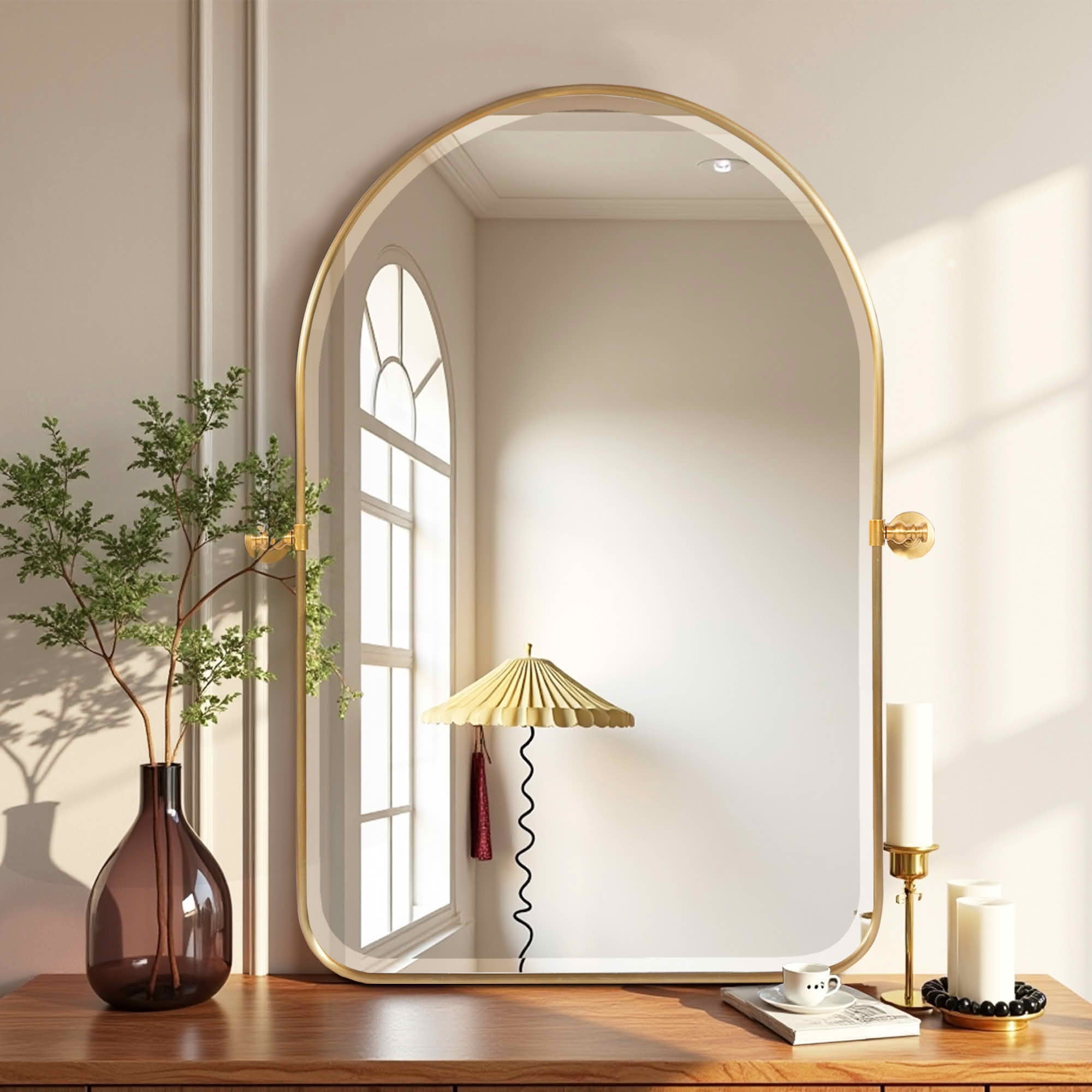 MAYEERTY 36x24 Inch Gold Metal Round Corner Arched Swivel Wall Mounted Mirror for Bathroom