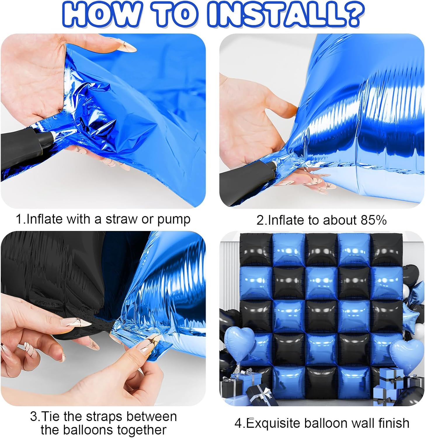 Black Blue Square Foil Balloon Wall,25Pcs Double Sided Foil Balloons Backdrop Helium Polyester Tunnel Arch Garland Kit for Birthday Bridal Anniversary Baby Shower Party Decorations