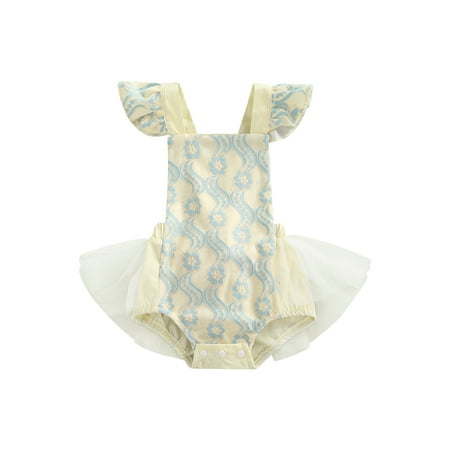 

Maemukilabe Infant Baby Girls Summer Jumpsuit Dress Flower Print Flying Sleeves Square Neck Romper with Tulle Hem Apricot 3-6 Months