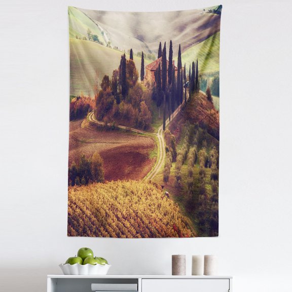Landscape Tapestry, Rural Panorama Italy Scenery Fields Hills European Nature Fantasy, Fabric Wall Hanging Decor for Bedroom Living Room Dorm, 5 Sizes, Pale Brown and Multicolor, by Ambesonne