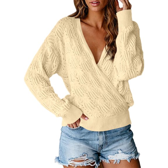 Pullover Sweaters for Women V Neck Solid Color Hollow Out Knit Long Sleeve Autumn Winter Shirt Sweater Tops