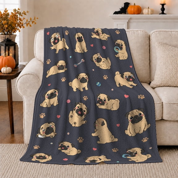Pug Faces with Hearts on Dark Field, Playful Graphic Style for Dog Lovers, Cute Puppy Pattern and Pet Adoption Gift, Cozy Flannel Blanket for Bedroom and Living Room, Home Decor
