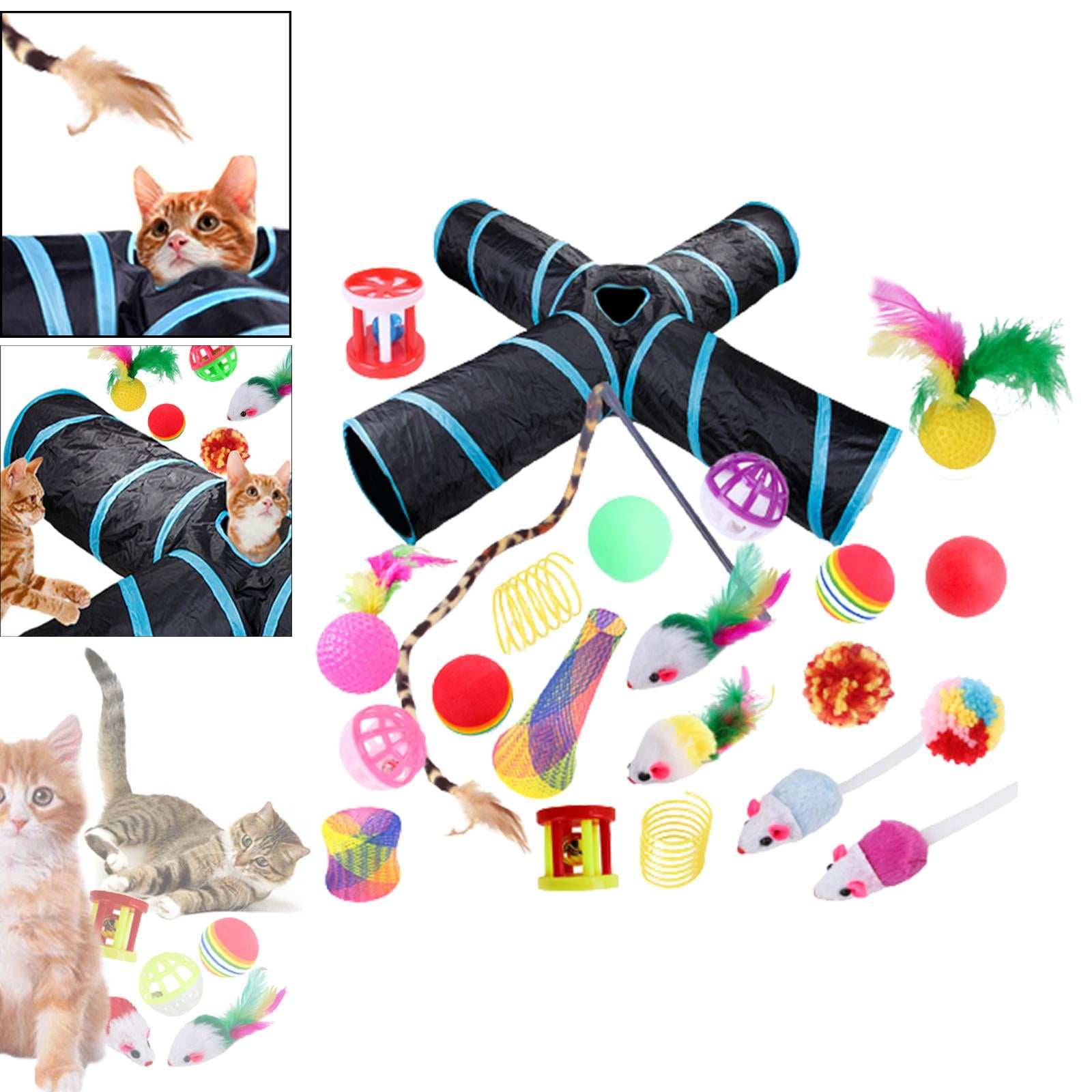 22 piece Interactive Cat Toy Sets,Collapsible Cat Tunnels for Indoor Cats, Feather Teaser Crinkle Balls Spring Toy Catnip Fish for Cats , B99503