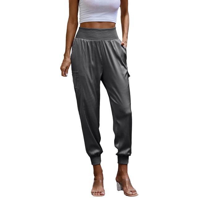 Gibobby pantalones de yoga Pantalones casuales con bolsillo en la cintura elástica de satén para mujer (Gris, XL)