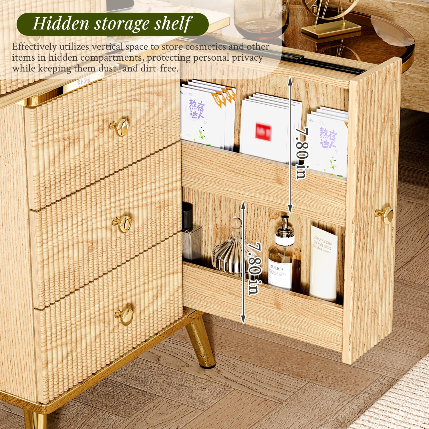 Arulvmrn 46.85" Lighted Makeup Vanity Desk, 7 Drawers, Charging Station, Oak