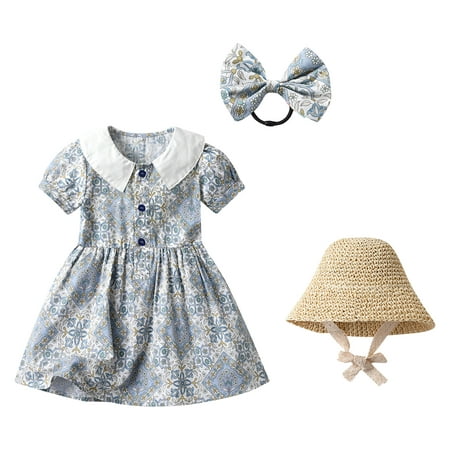 

Girls Dress Kids Baby Spring Summer Print Floral Short Sleeve Princess Hat Headbands 3Pc Outfits Clothing Dresses For Girls