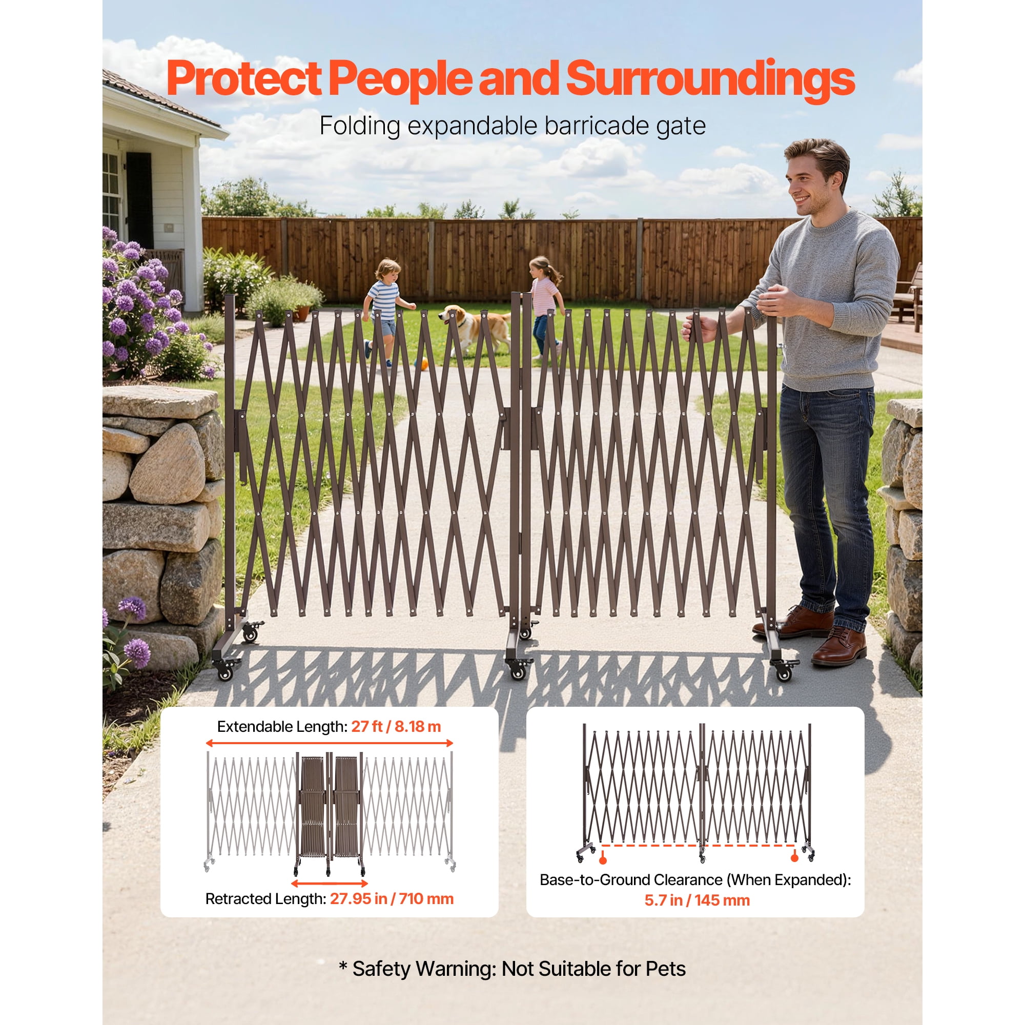 KFFKFF Double Expandable Barricades, 27FT Adjustable Safety Barrier, 0-180° Rotating Mobile Gate with Lockable Wheels, Portable Folding Fence for Outdoor, Garden, and Stairway Use