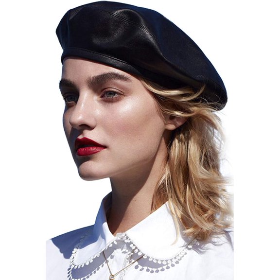DOVACKA French PU Leather Beret Cap, Solid Black Artist Beret Hat for Ladies