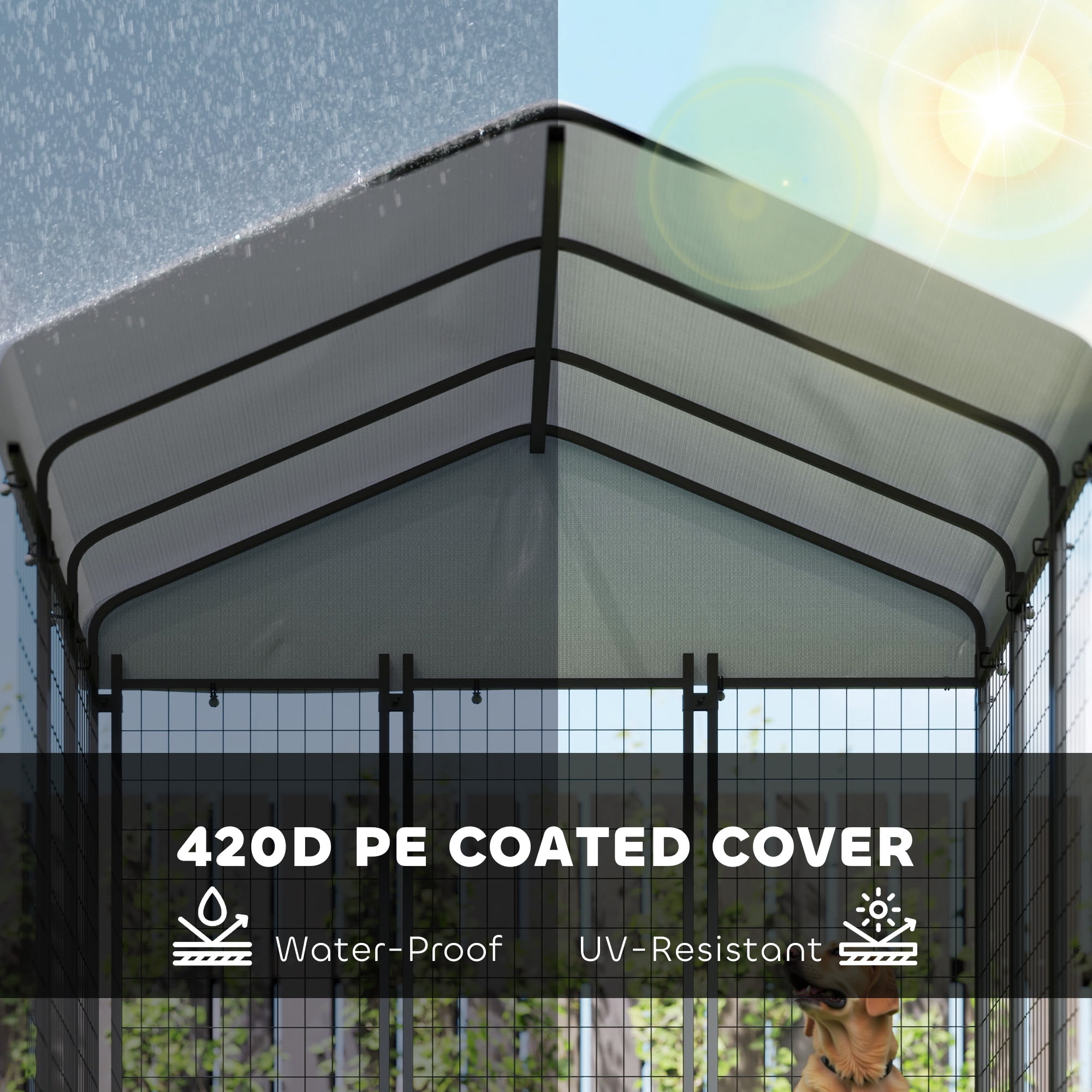 PawHut Outdoor Dog Kennel with Roof, 5.9' x 5.9' x 6' Heavy Duty Welded Wire Dog Playpen Fence with Rotating & 4-Level Adjustable Feeding Bowls
