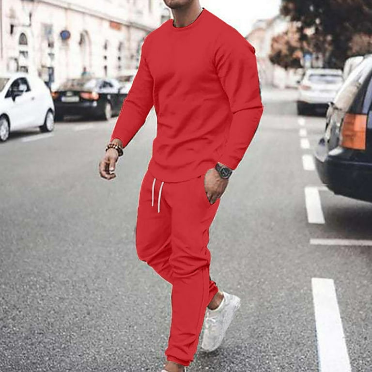 Kayannuo Sweat Pants for Men Spring Clearance Men Casual Solid Fashion  Round Neck Pullover Sports Suit Long Sleeve Trousers Two-Piece Tracksuit Red
