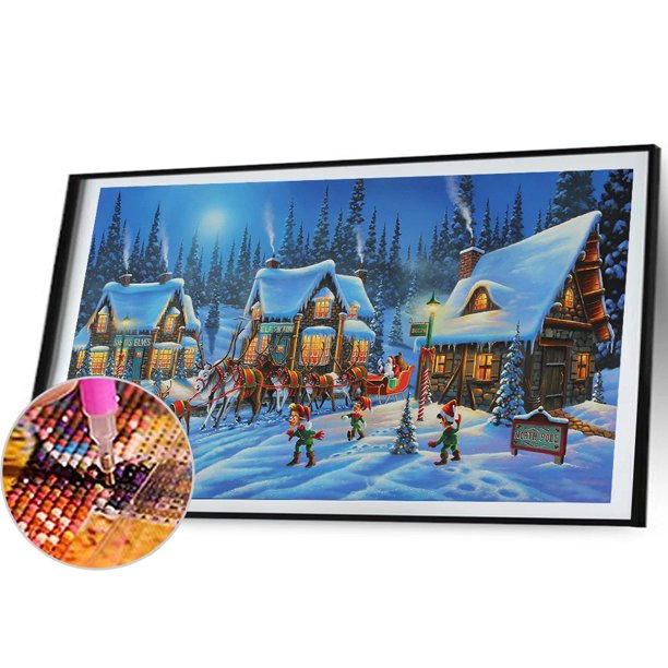 Cuadros Decorativos Kit de póster de pueblo de nieve 5D de pintura de diamante de taladro redondo completo de bricolaje (A4307) Tmvgtek embutido en tela