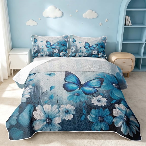 Erosebridal Watercolor Butterfly Twin Quilt Set, Cute Floral Twin Coverlet Set, Polka Dots Reversible, Bright Blue, 2-Piece (1 Bedspread and 1 Pillowcase)