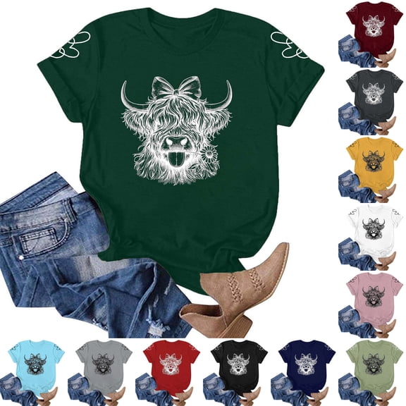 Trendfront Womens Summer Crew Neck Short Sleeve Tops Cute Cow Animal Pattern Print Tees Casual Holiday Vacation Wear T-Shirts