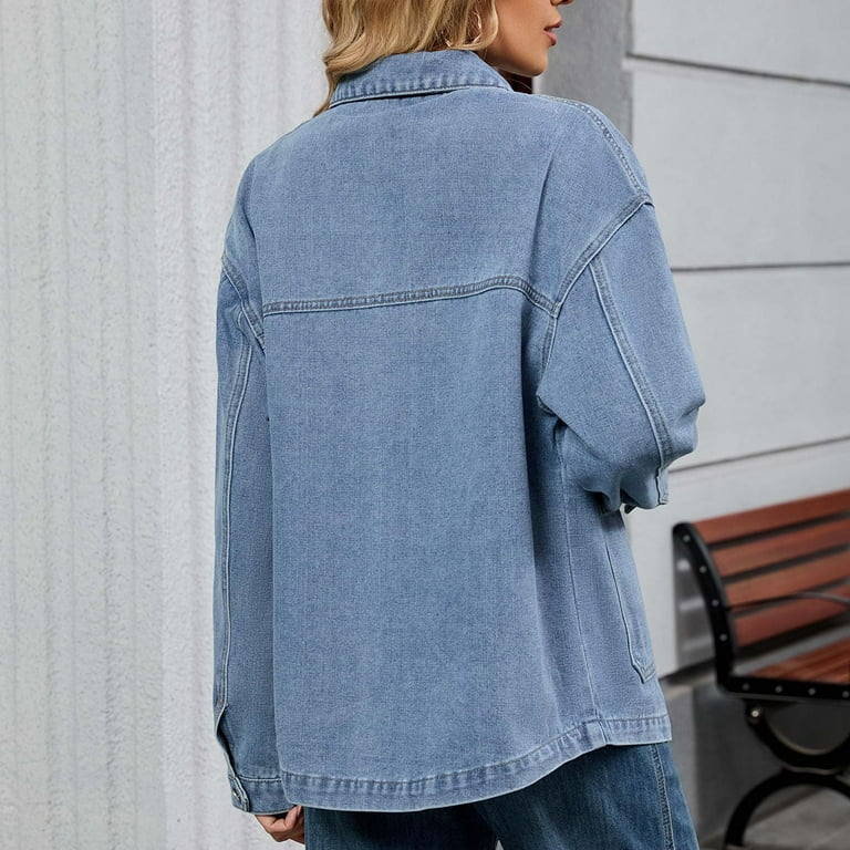 WAJCSHFS Women's Denim Coat - Long Sleeve Loose Fit Button Down Jean Jacket, Trendy Fall & Spring Style