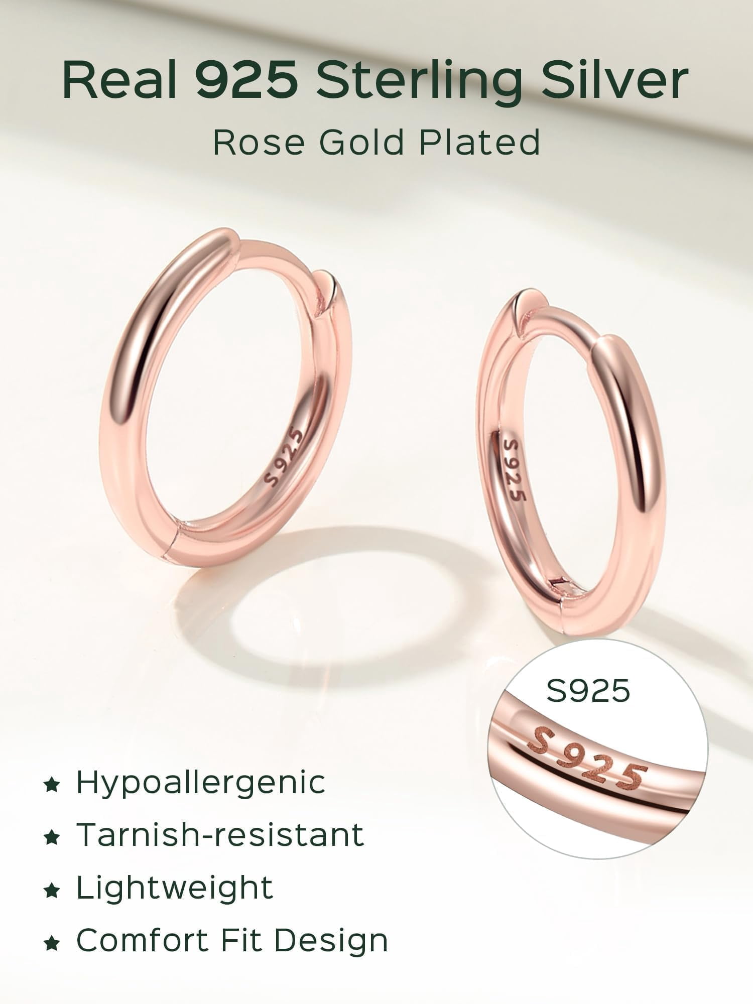 ChicSilver Rose Gold Plated Hoop Earrings for Women Hypoallergenic Rose Gold Plated Cartilage Earring 8MM Huggie Hoop Earring