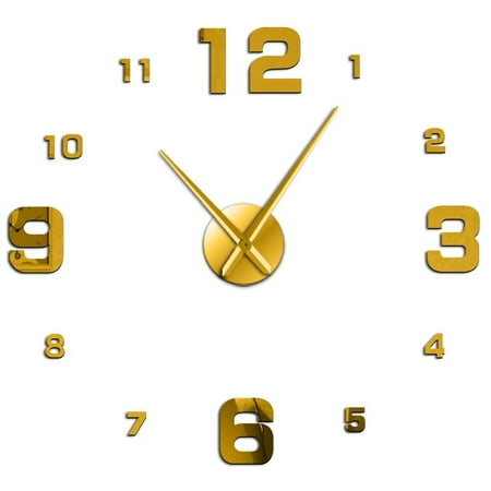 Large Frameless DIY Wall Clock Mute Mirror Number Stickers Modern Giant Wall Clock Non Ticking for Living Room Bedroom Kitchen(Gold,27inch)