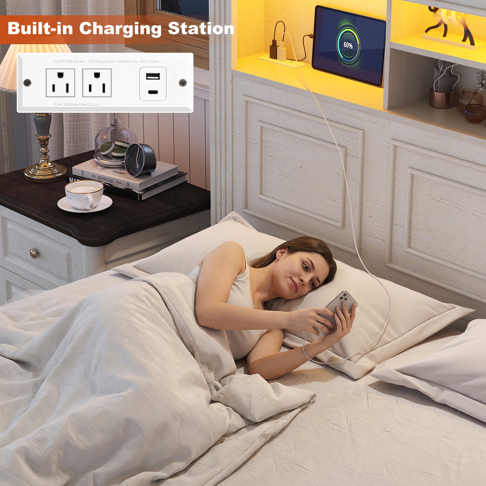 ANPOO Farmhouse Queen Size Bed Frame with 51" Tall Headboard & 4 Drawers, Queen Bed Frame and Headboard with LED Lights & Charging Ports, No Box Spring Needed, Wooden, Antique White