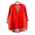 thumbnail image 4 of ManxiVoo Trendy Womens Long Sleeve Linen Shirt with V Neck and Pockets Breathable Comfort Casual Blouse L Size Red, 4 of 4