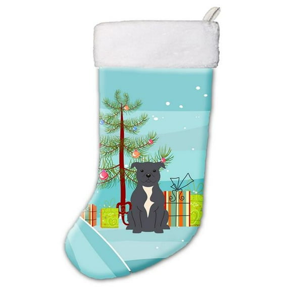 Merry Christmas Tree Staffordshire Bull Terrier Blue Christmas Stocking