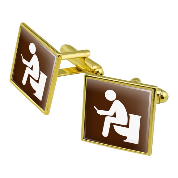 Man Pooping on Toilet Funny Square Cufflink Set - Silver or Gold