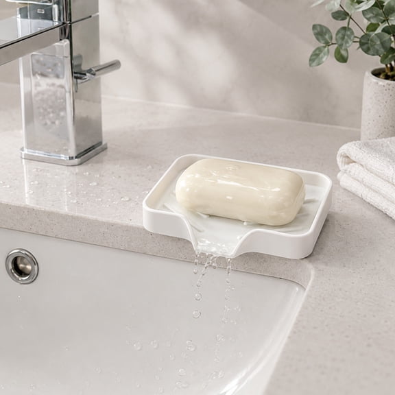 Roiihwy White Silicone Soap Dish 4.72x3.94in with Drain Spout Sink Organizer Tray for Bathroom Kitchen