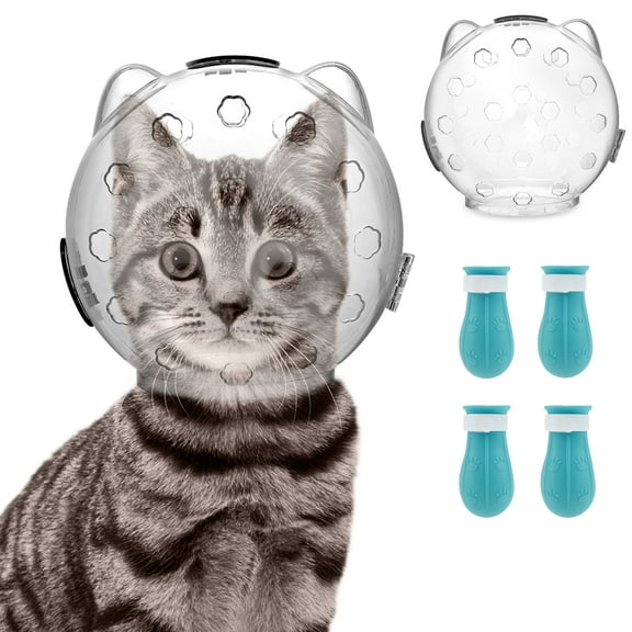 NewSoul Cat Muzzle for Grooming Breathable Cat Muzzle Helmet Transparent Cat Space Hood Ears Shape Design Cat Bubble Muzzle Cat Anti Bite Helmet with 4 Silicone Paw Shoes for Bath Nail Trimming