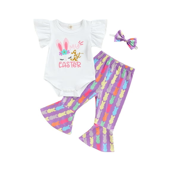 Kiapeise 3Pcs Newborn Infant Baby Girls Easter Outfit -Fly Sleeve Romper Bell Bottom Pant My First Easter Bunny Clothes
