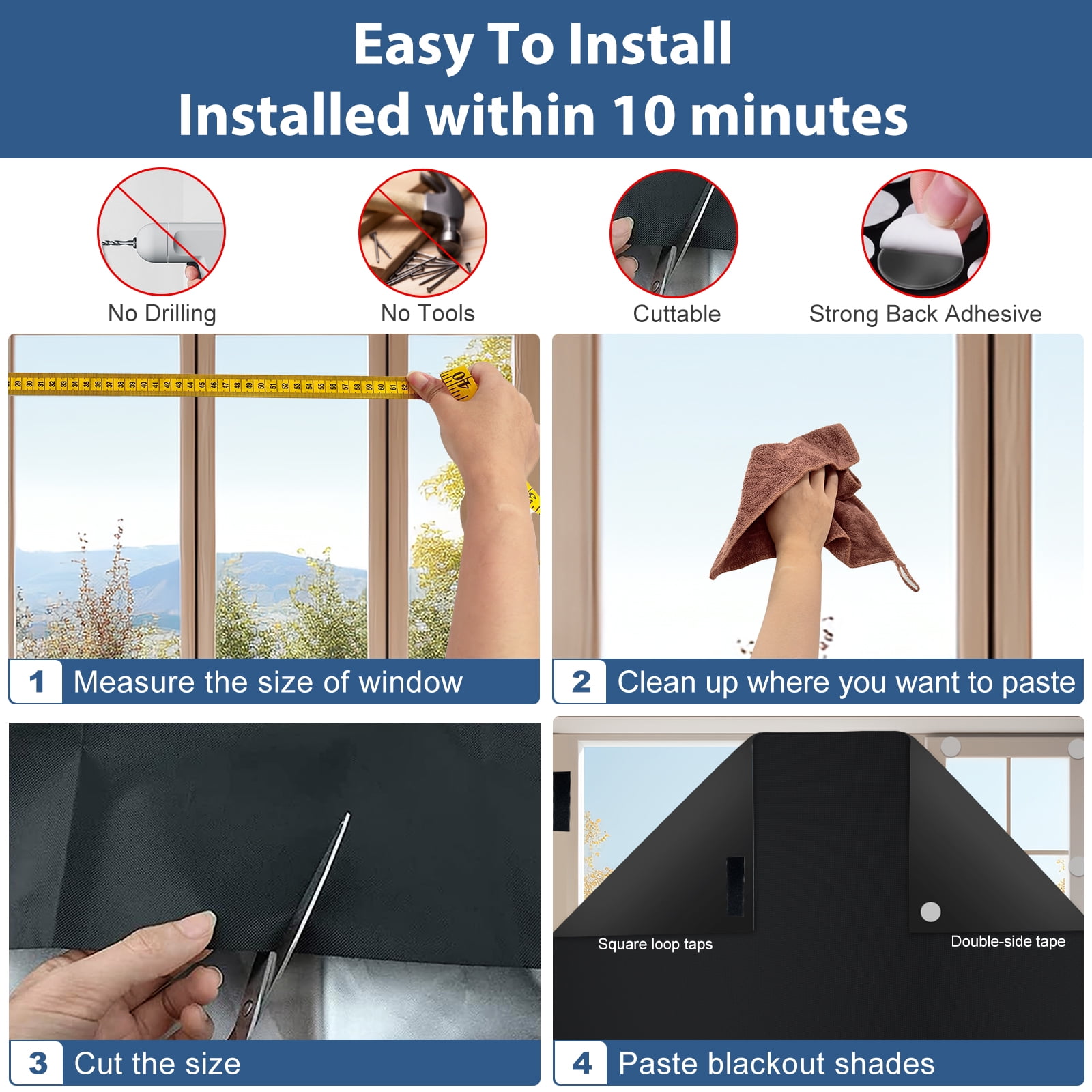 PChero 100% Portable Blackout Curtains , 138" x 59" Blackout Blinds, No Drill Window Shades Blackout Window Cover Temporary Blackout Shades Film for Windows Nursery Dorm Room Travel