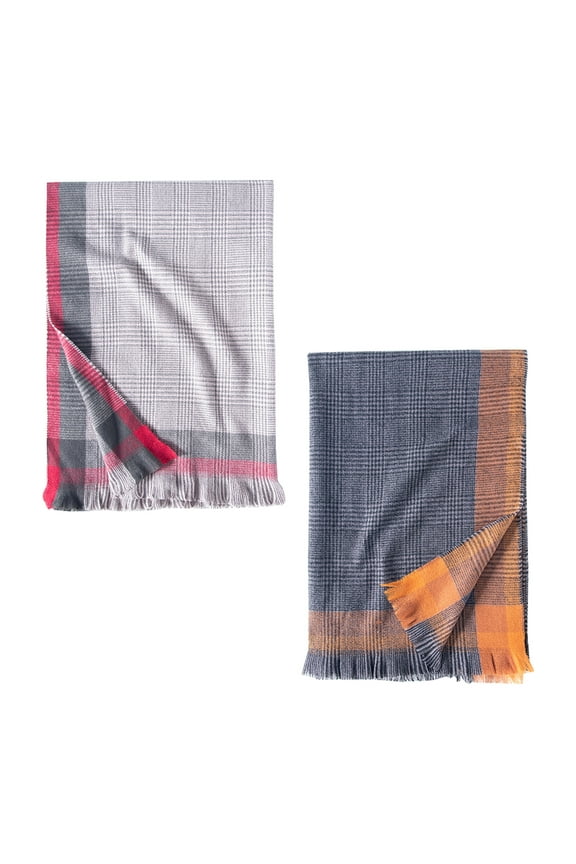 Women Long Shawl Winter Warm Border Contrast Color Lattice Large Scarf-2 Pack-Pack C