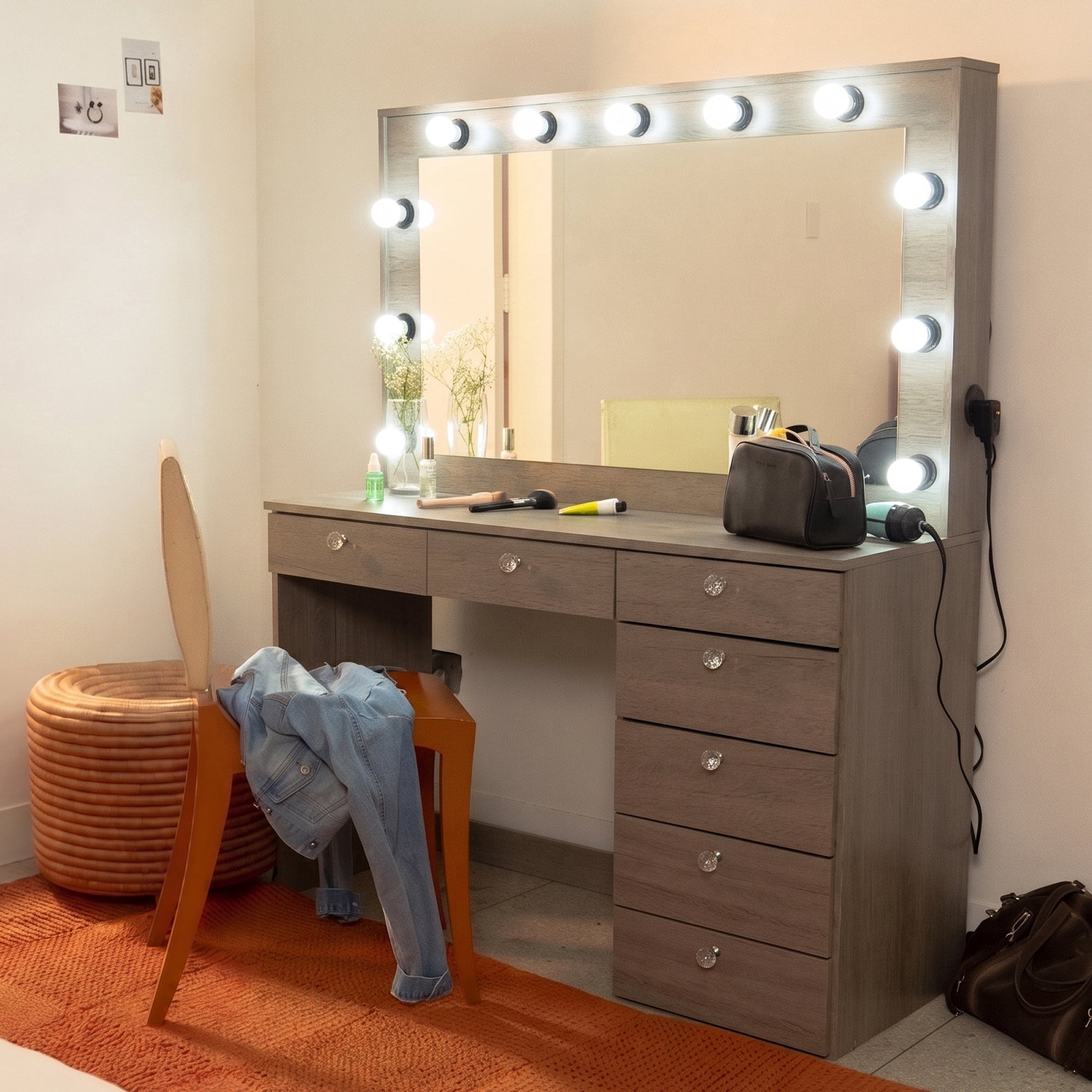 Ember Interiors Peggy Modern Large Greige Vanity Desk with Lighted Mirror, 7 Drawers, Power Outlet with USB Type-C and Crystal Knobs