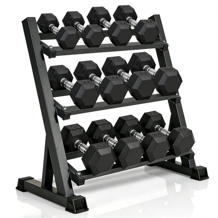 350 LBS Rubber Hex Dumbbell Set with Storage Rack – Home Gym Equipment for Strength Training, Exercise & Fitness, Non-Slip Durable Weight Set