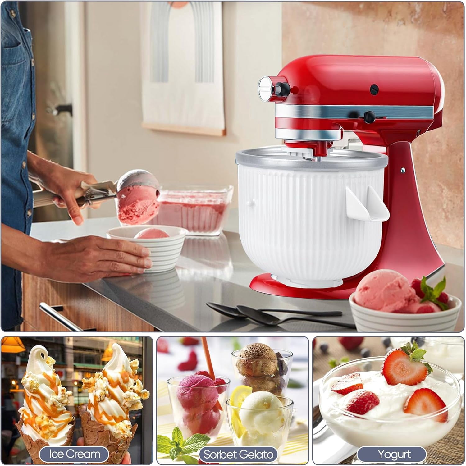 Ice Cream Maker Attachment for Kitchenaid Stand Mixer,2-Quart Frozen Yogurt - Ice Cream & Sorbet Gelato Maker,Fits 4.5 5 6 7qt Kitchenaid Stand Mixer
