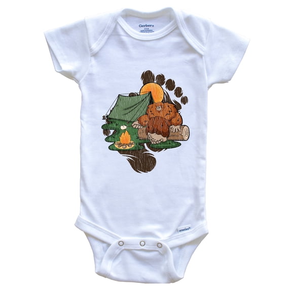 Bigfoot Camping Baby Bodysuit - Sasquatch Roasting Marshmallows Baby Bodysuit, 0-3 months white