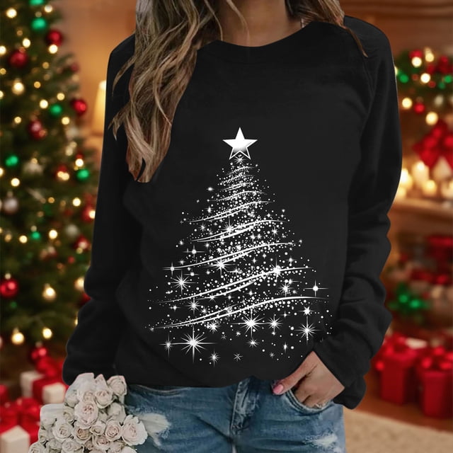 BEFOKA Chandail en Molleton Surdimensionné Hauts d'Hiver Haut de Noël pour Femmes Col Rond Imprimé de Noël Manches Longues Raglan T-Shirts de Fête de Vacances Lumières de Noël