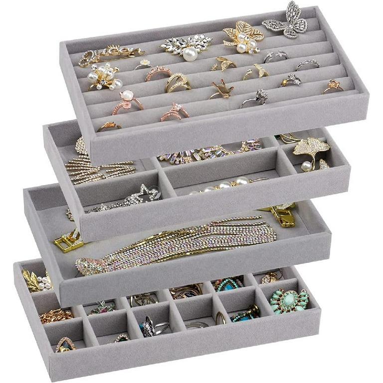 4 Pcs Stackable Jewelry Display Tray Velvet Necklace Earrings Organizer