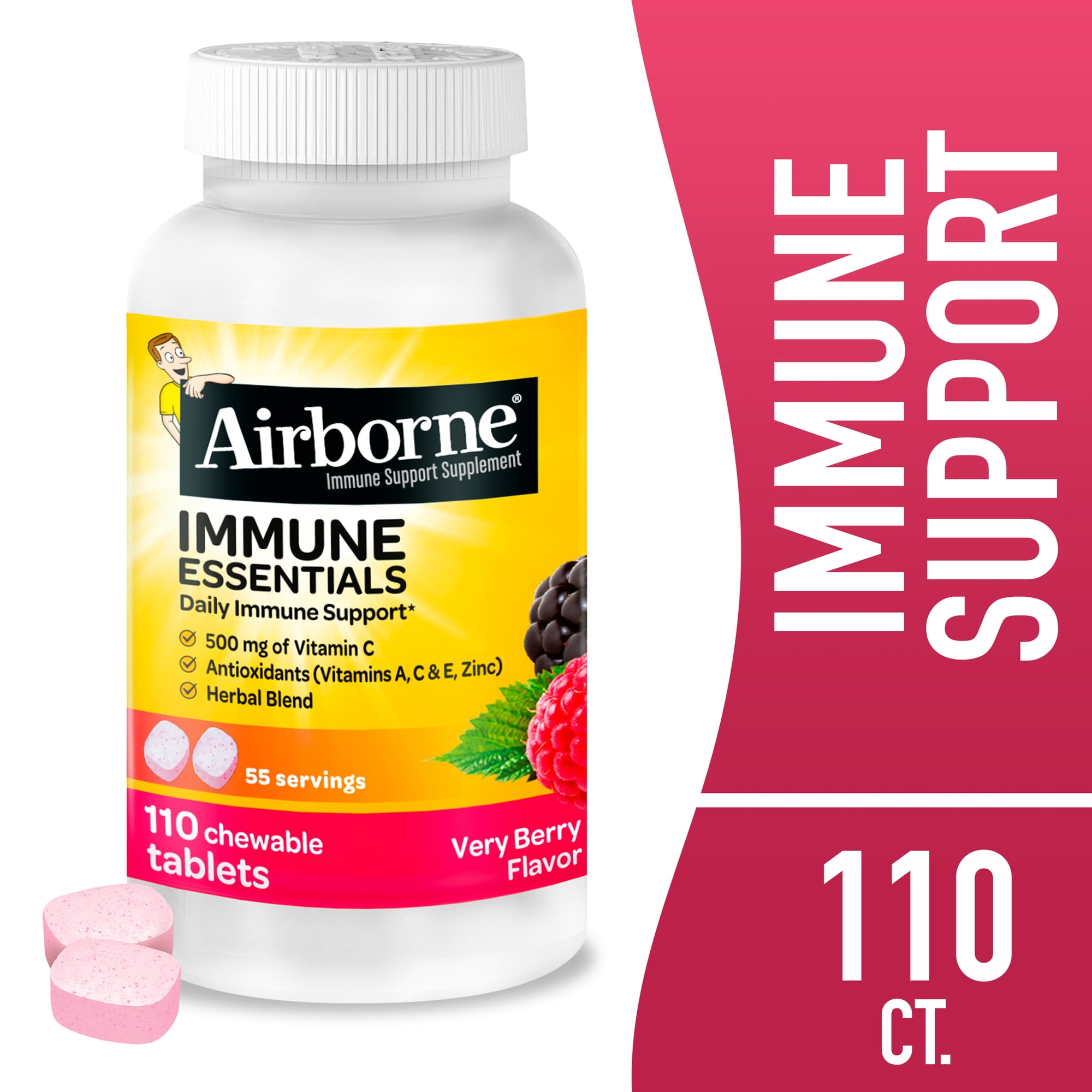 Airborne Immune Essentials Vitamin C Chewable Tablets, Multivitamin Immunity Support Supplement, Very Berry, 110 Count