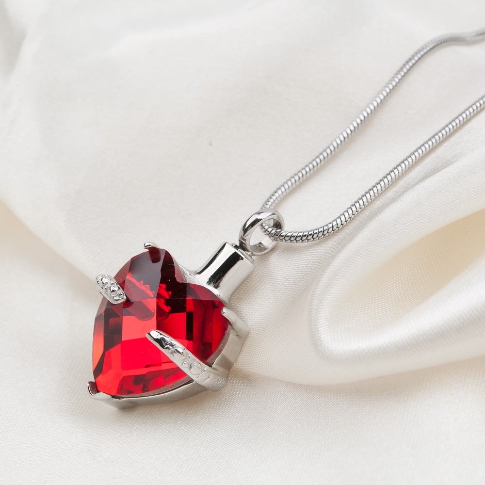 Cremation Urn Necklace For Human Ashes Urn Necklace With Birthstone Crystal Heart Memorial Jewelry with Free Funnel Kit and Velvet Jewelry Box (July)