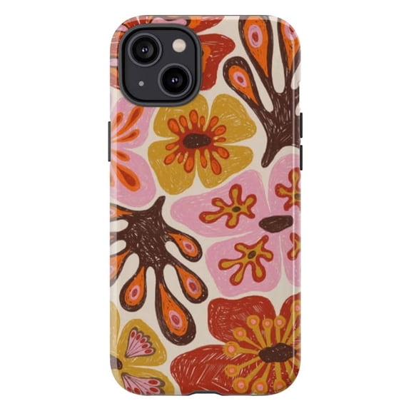 Retro Floral Phone Case, Boho Hand Drawn Abstract Flower Pattern Pink Mustard Cover for iPhone 17 16 15 14 13 12 11 Plus Pro Max Mini
