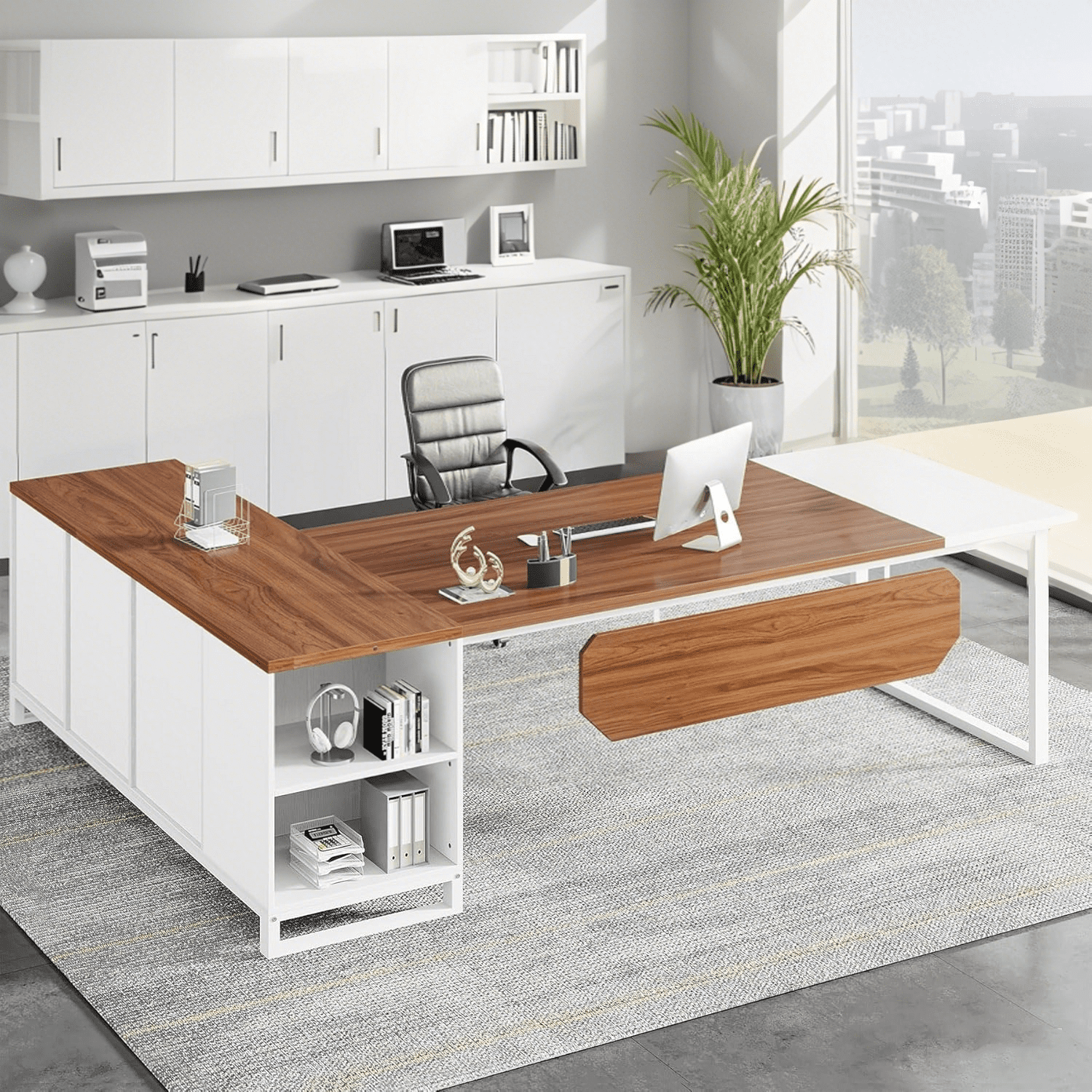 Tribesigns 70.8" Executive Desk with 55" File Cabinet, Industrial L Shaped Computer Desk, Large Executive Desk for Home Office, Walnut & White