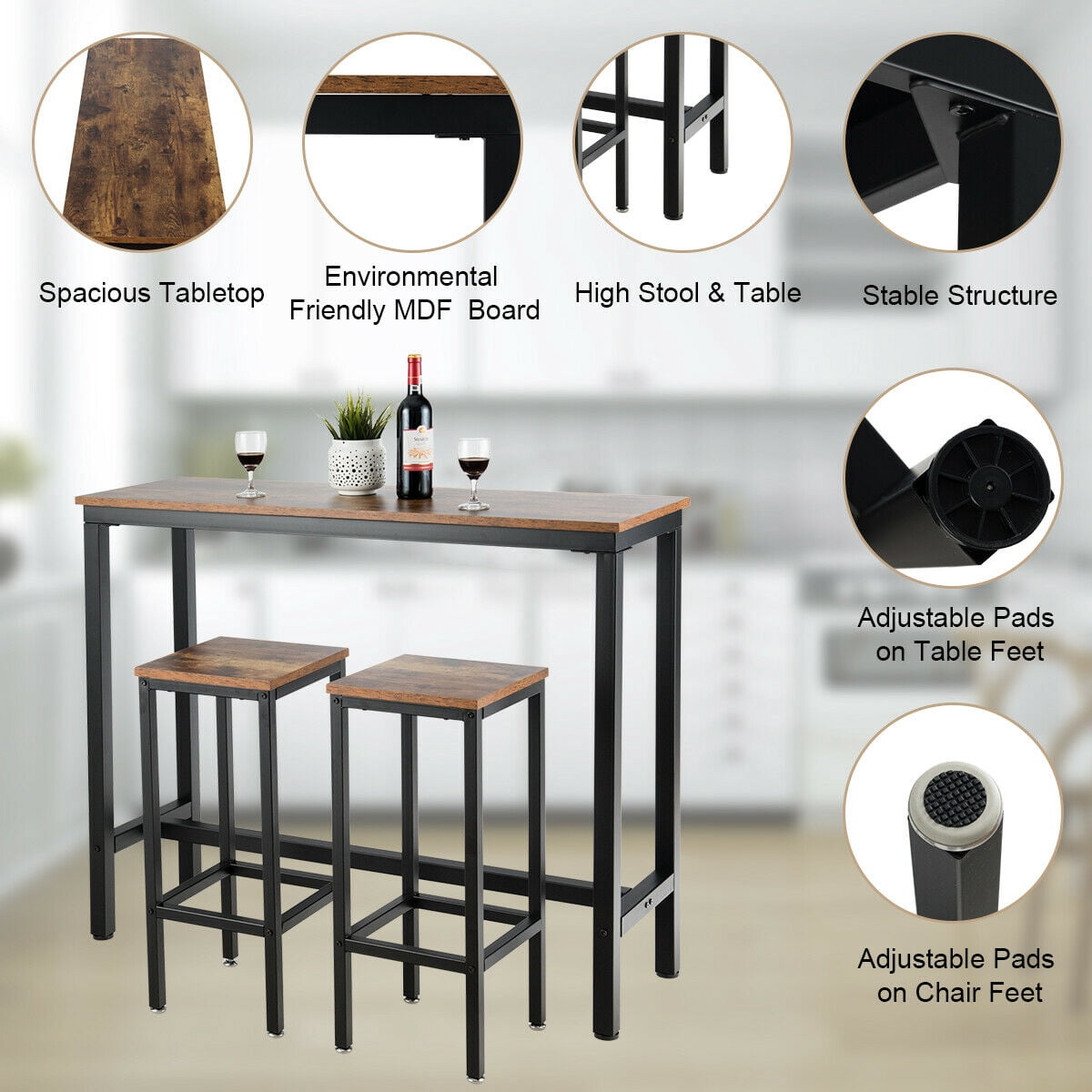 Gymax Counter Height Bar Dining Table Stools Set Rustic Brown, 3 Pieces