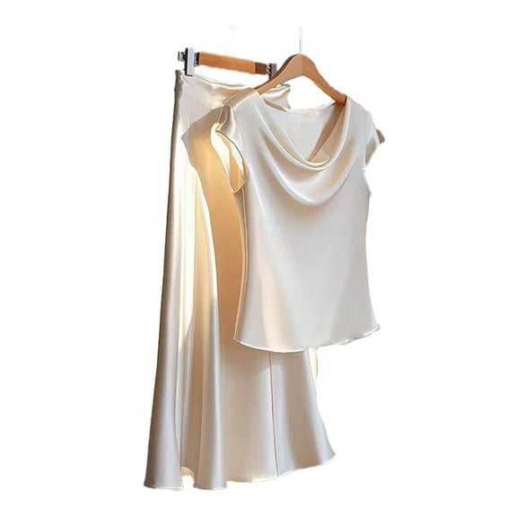 Taylonsss Womens Summer Skirt Set Short Sleeve Round Neck Simulated Silk Dress Casual Outfit Stylish Comfortable Two-Piece Set