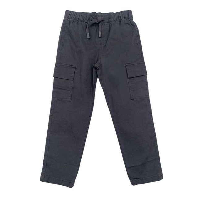 pantalón george para niño gabardina gris talla 12 de corte recto tipo cargo, pretina elástica con cordón, bolsillos cargo laterales con solapa y tela de gabardina de textura firme para uso diario; vista frontal centrada sobre fondo blanco.